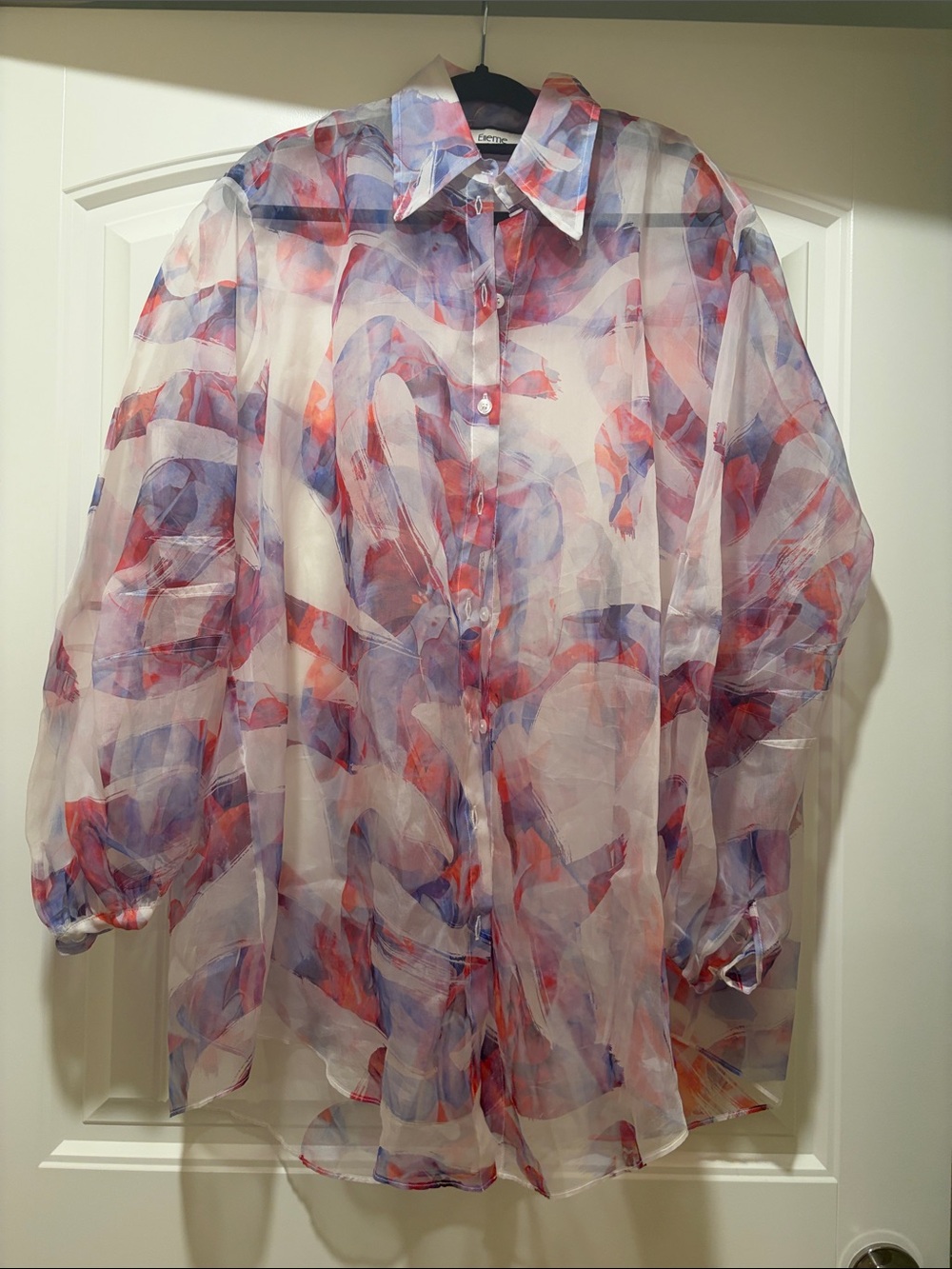 Sheer Abstract Print Button-Down Blouse - Red & Purple